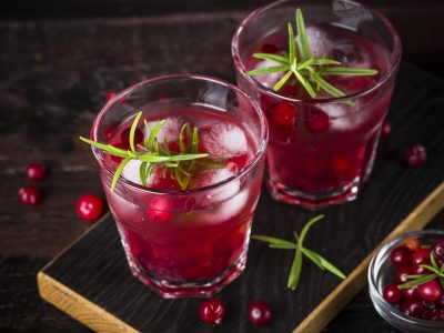 Cocktail with cranberry, vodka, rosemary and ice on dark.